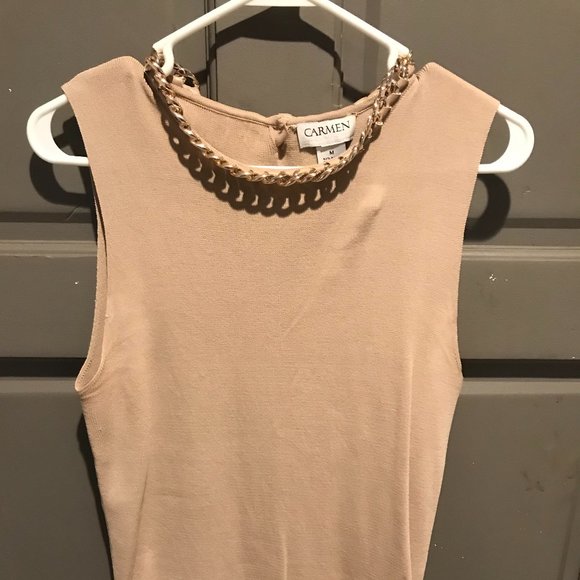 Beautiful Tan Top Embellished with Gold Neck Line - Picture 1 of 3